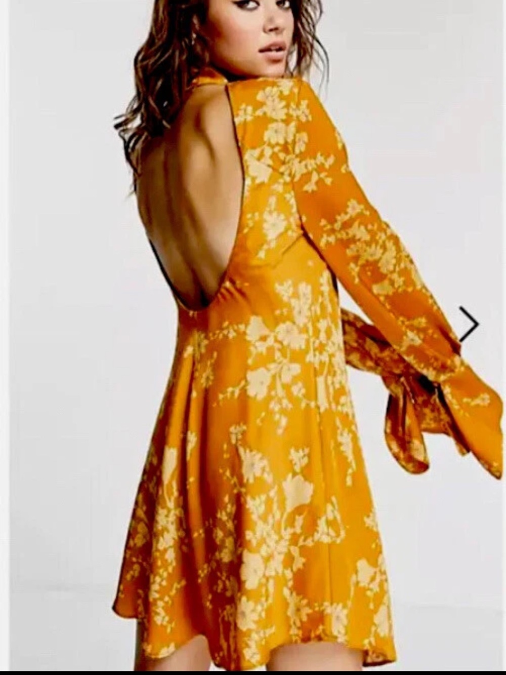 Nwt Free People Aries Floral Mini Dress 12 Gold Combo Draped Neck Open Back